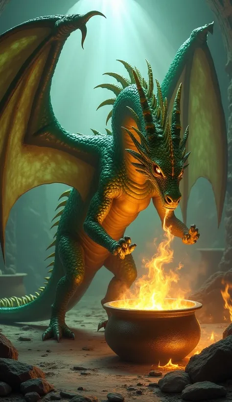 A majestic dragon, with scales of shimmering gold and emerald green, stands over a massive cauldron, stirring a bubbling brew with a fiery breath. His wings, as large as sails, cast long shadows across the cavernous kitchen. The kitchen is filled with the ...