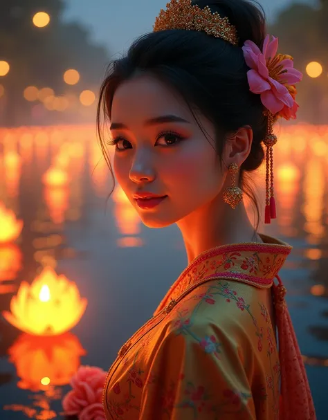 Beautiful girl wearing Thai costumes, charming faces. Loi Krathong is one of the most charming Thai traditions in Thailand. It is usually held in November during the full moon day of the twelfth lunar month. It is a beautiful event that symbolizes the end ...