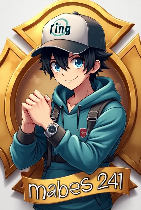 "A young, determined anime-style character wearing a baseball cap with the text RING 2 prominently displayed. The character has large, expressive blue eyes behind black, with dark hair partially visible under the cap. Hes wearing a cyan blue and grey hoodi...