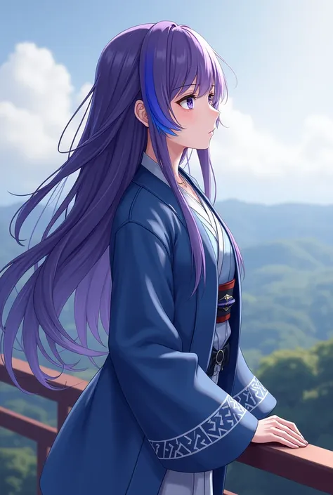 Attractive game girl with purple long hair 、 
Turn a section of the side of the bangs blue.　
 blue highlights on the side of her bangs 　Part of the bangs is blue　　Blue Japanese coat with white triangular pattern on cuffs　Light blue kimono coat
black hakama...