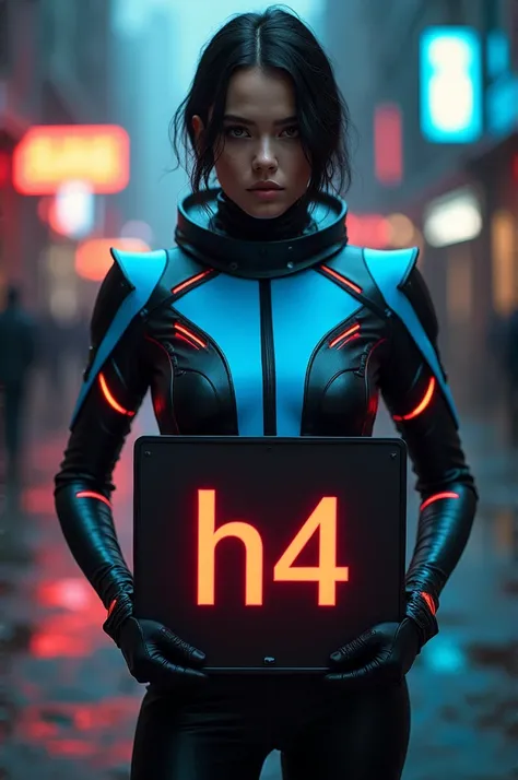 I want a person in a blue and red one-pill suit and who has a sign that says H4