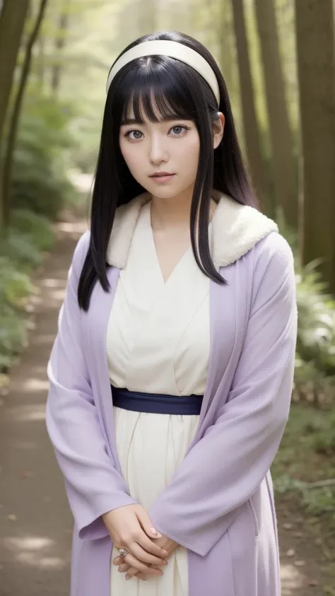 An ultra realistic depiction of Hinata Hyuga from the Naruto series, featuring her distinct lavender-toned eyes with a soft glow due to her Byakugan abilities. She has long, dark indigo hair that cascades down her shoulders, with bangs framing her gentle, ...