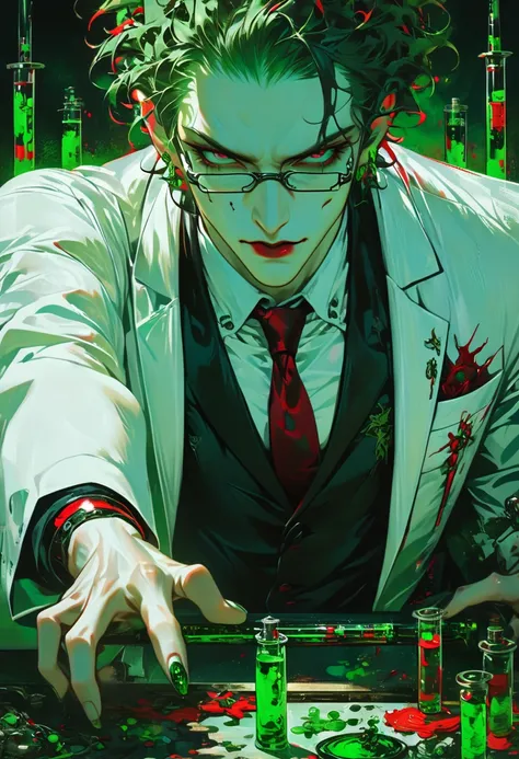 1 boy, glasses, sharp eyes, brown curly hair, green eyes, piercing gaze, white lab coat, black shirt, red tie, science lab, pale skin, high quality, masterpiece, best quality, slightly messy hair, elbows on table, A figure holding a green poison syringe, r...