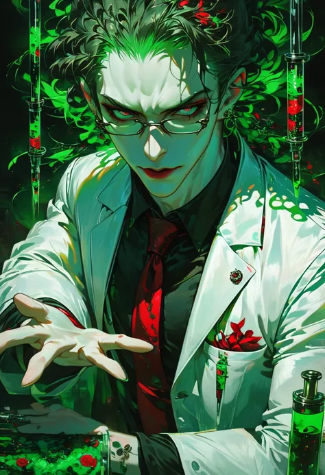 1 boy, glasses, sharp eyes, brown curly hair, green eyes, piercing gaze, white lab coat, black shirt, red tie, science lab, pale skin, high quality, masterpiece, best quality, slightly messy hair, elbows on table, A figure holding a green poison syringe, r...