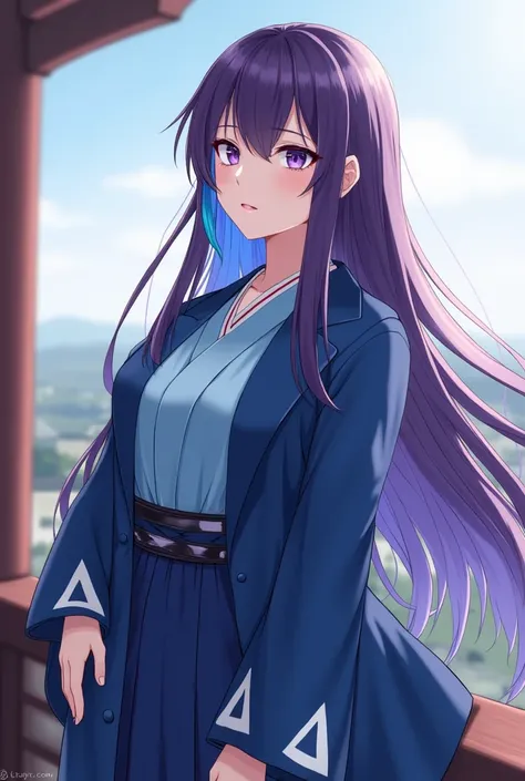 Attractive game girl with purple long hair 、 
Turn a section of the side of the bangs blue.　
 blue highlights on the side of her bangs 　Part of the bangs is blue　　Blue Japanese coat with white triangular pattern on cuffs　Light blue kimono coat
black hakama...