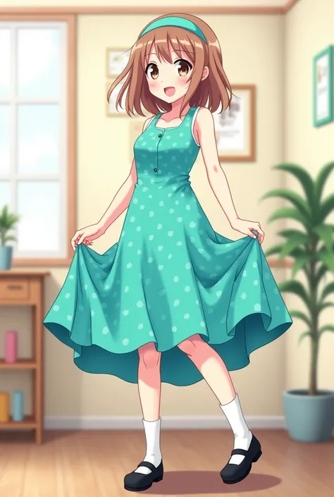 anime, female, young adult, light brown hair, shoulder-length hair, athletic body type, sleeveless turquoise dress, polka dots, a-line skirt, turquoise hairband, black mary jane shoes, white socks, happy, long hair, raising hands, beautiful, indoors, stand...