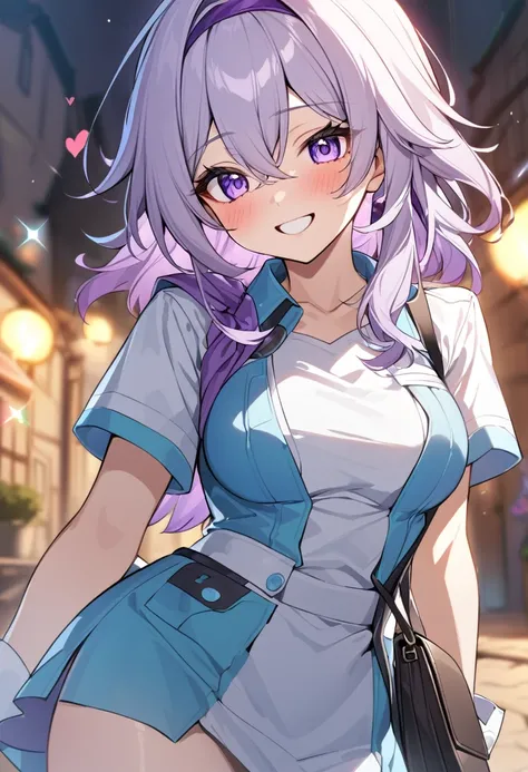 UHD, medium close-up, cowboy shot, 1girl, Honkai: star rail, happy Lusty face, medium breast, Slutty doctor costume, purple bandana, small handbag on the shoulder, heart, background_(Sunny Village)