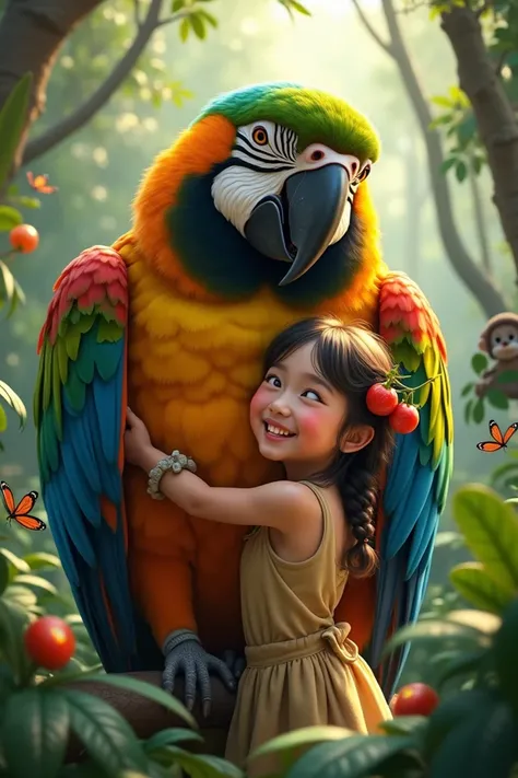 Create a stunning photo of a  joyfully embracing a giant, colorful parrot with vibrant red, blue, and green feathers, nestled in a lush rainforest. The parrot is much larger than the girl, and she’s hugging its soft, vivid plumage with a delighted expressi...