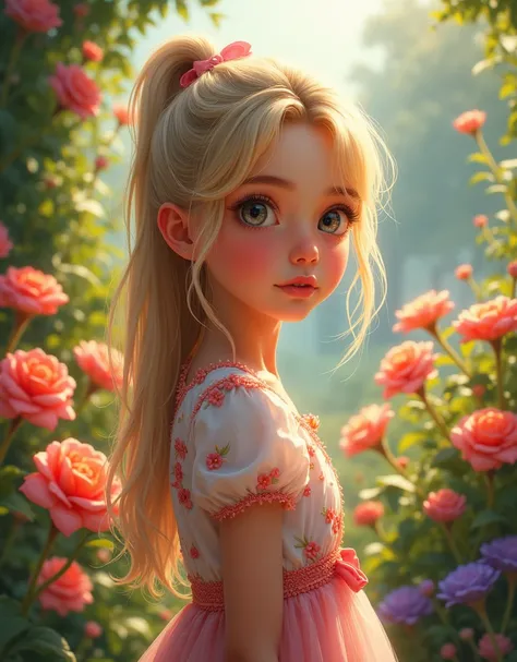 a beautiful young girl, portrait, 1girl, extremely detailed eyes and face, long eyelashes, cute expression, detailed hair, long hair, blonde hair, ponytail, flowery dress, detailed flower patterns, beautiful garden, colorful flowers, lush greenery, natural...