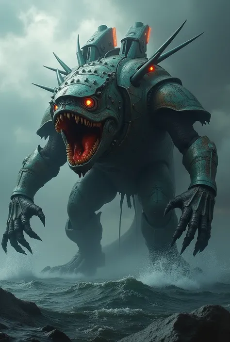 Create a hybrid creature that seamlessly combines the features of a "savasgemisi" (warship) and a "Piranha." The entity should have a monstrous appearance, incorporating elements like the metallic structure of a warship with sharp angles and cannons, mixed...