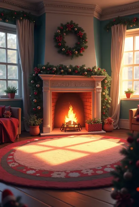 cozy spacious room , fireplace,  fluffy carpet in the center with Christmas pattern,  christmas atmosphere, garlands on the sides , Christmas paraphernalia without a Christmas tree,  Realistic style