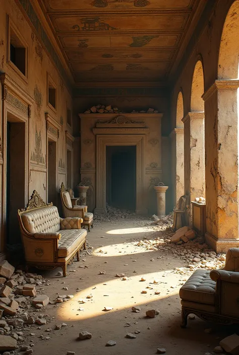  Egyptian house ,  shattered room,  discarded furniture .


