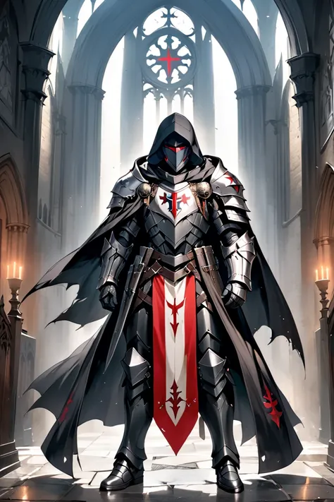  Templars , male, Red Eyes, Wearing a hood,  wears heavy armor,Dark knight cloak style ,  background dark dark dark church,Full body picture.  height detail 