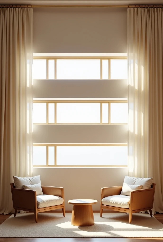 Modern elegant realistic curtains for bedroom with brown colour wooden small three half rectangular horizontal window with grills size 120 and 60. (Not a balcony full window )2 small very cute and modern chairs for couple with a small coffee table in front...