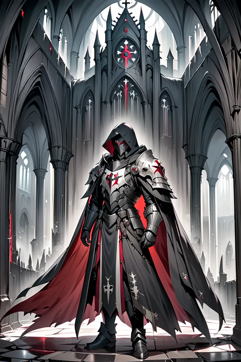 templars , male, red eyes, wearing a hood,  wears heavy armor,dark knight cloak style ,  background dark dark dark church,full b...