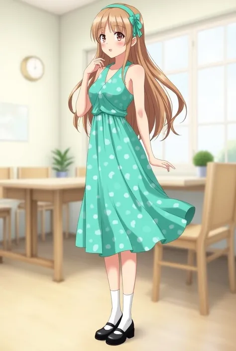 anime, female, young adult, light brown hair, athletic body type, sleeveless turquoise dress, polka dots, a-line skirt, knee-length skirt, turquoise hairband, black mary jane shoes, white socks, happy, long hair, beautiful, indoors, a-pose, arms on sides, ...