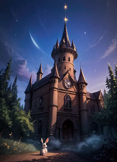   score_9,   score_8_up,   score_7_up,  as realistic as possible on a street corner in Paris  ,  there is a complex castle in the forest  （ draw as much detail as possible  ,）from below ,Stars in the sky々,Blue and purple fog  ,  there are little wizards an...