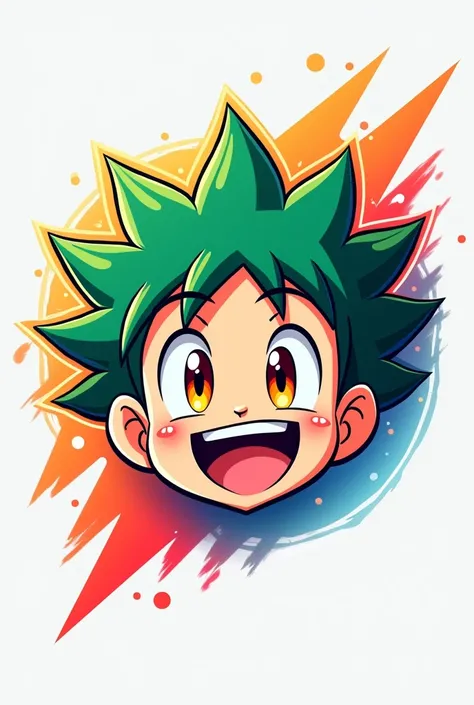 "Create a logo featuring an anime-style character with spiky green hair, large orange-brown eyes, and a big smile showing clenched teeth. Make the logo vibrant, with a dynamic glow surrounding the character, adding subtle motion lines to show energy. Use a...