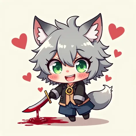 cute manhwa wolf boy chibi with grey hair green eyes holding a bloody dagger mischief smiling with hearts around