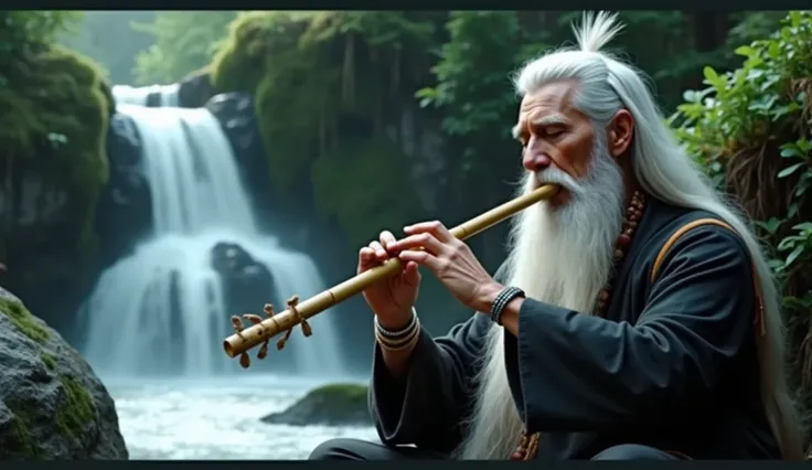 Native Indian with bamboo flute, sitting cross-legged on a rock in the background next to a small river waterfall