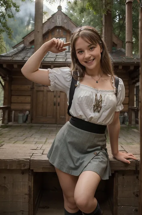  photograph,  Meisterwerk ,  High resolution, imagen realista, ((Germany, Middle Ages,  misty mountain forest ,  A young German  girl who attends a preschool school, very young  ,  She wears authentic medieval clothes mini skirt .,  on the way home , laugh...