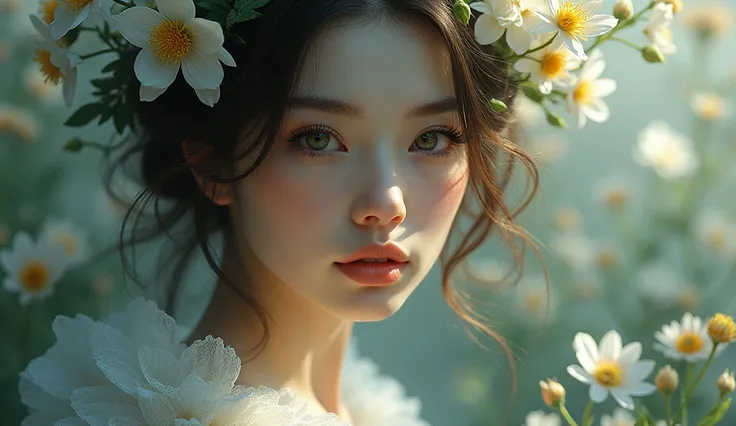 intricate floral veil, dreamy soft lighting, serene female portrait, delicate facial features, long eyelashes, mysterious expression, ethereal glowing skin, wispy flowing hair, pastel color palette, fantasy nature scene, dramatic chiaroscuro lighting, cine...