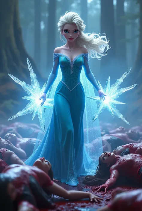 4K, Hight quality, realistic, very beautiful Elsa, Disney Elsa frozen, walking past piles of blood started profusely covered male s, sharp ice power Elsa, Many sharp ice stuck to Male body, Elsa very thick hair