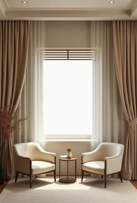 Modern elegant realistic curtains for bedroom with  small three half rectangular horizontal window with grills size 120 and 60. (Not a balcony full window )2 small very cute and modern chairs for couple with a small coffee table in front of the window. Rea...