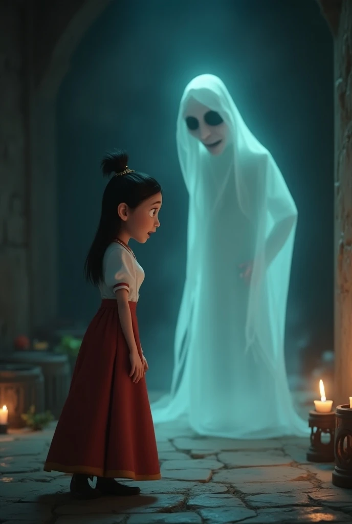 Generate in cinematic 3d cartoon style**shocked young woman in a traditional dress turns around in fear, facing a ghostly, solemn-looking man who appears as a spirit, hinting at the fact he had died years ago."

"