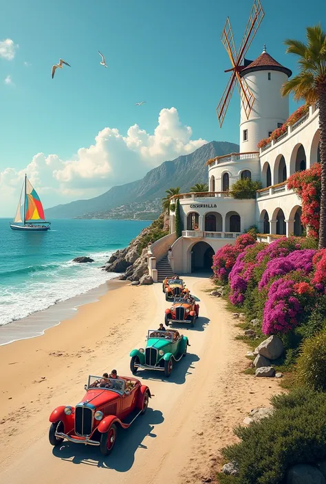 Photo dun magnifique hôtel palace méditerranéen à la façade blanche et remplie de belles fleurs sur une belle plage de sable remplie de belles fleurs, avec des magnifiques voitures anciennes des années 20,de toute les couleurs, avec des conducteurs, qui pa...