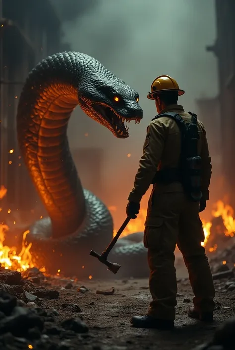 Create a dramatic scene where a large, menacing snake is facing off against a fireman in a tense standoff. The snake is coiled, ready to strike, with its fangs bared and eyes glowing with fury, while the fireman stands his ground, holding a fire axe in one...