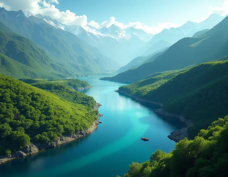 Give me the image of a long river starting from the Andes mountain range with a green landscape