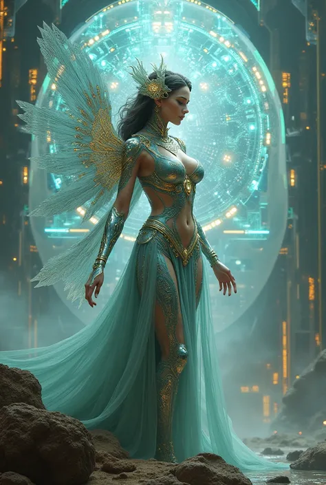 The goddess, fortuna, highly technologically advanced and cybernetically enhanced. High Resolution, Masterpiece, Award Winning, Best Quality, High Details, High Quality, UHD, Optical Illusion, Impressionism, Art Deco, Cinematic, Cinematography, Futurism, H...