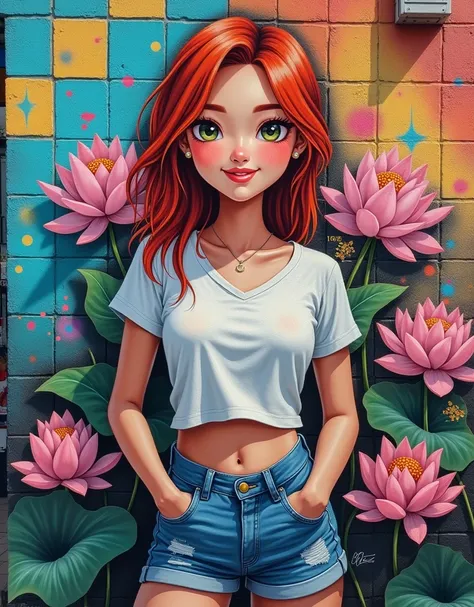 A vibrant graffiti mural on an urban wall featuring a beautiful Thai woman with sharp features and a radiant smile. She is wearing a casual short-sleeve t-shirt and denim shorts, with her red hair styled in a modern, effortless look. The mural has a street...