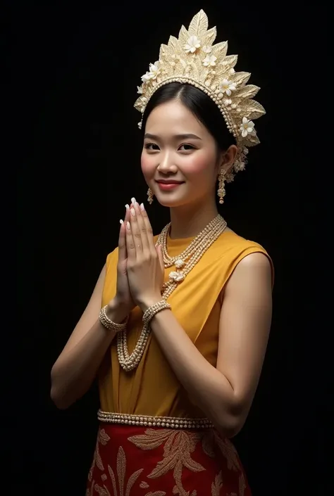 very realistic portrait of a beautiful Indonesian woman 30 years old, wearing aesan gede clothes typical of South Sumatra Indonesian, hair in a bun with a large forcing kong crown in white gold with intricate motifs with strands of woven jasmine, wearing a...