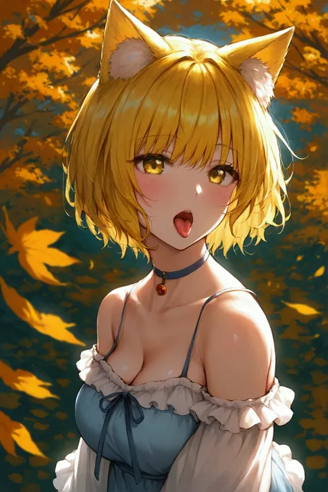 Solo, 1girl, Short Hair, Bangs, Blue Hair, Large breasts, Kemonomimi Mode, Blush, Yellow Eyes,Open Mouth, Tongue, From Above, Autumn garden background,Off the shoulder dress