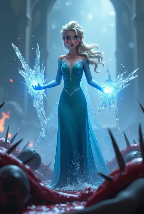 4K, Hight quality, realistic, very beautiful Elsa, Disney Elsa frozen, walking past piles of blood started profusely covered male s, sharp ice power Elsa, Many sharp ice stuck to Male body, Elsa very thick hair