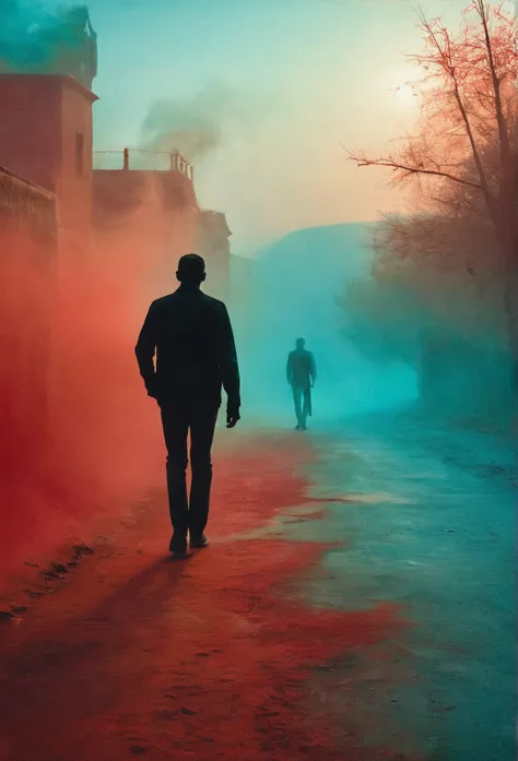 (best quality) , (masterpiece) , wallpaper, a side view of a silhouette person walking in red mist, cyan background, painterly, ...