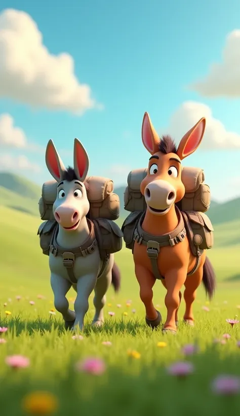 A donkey and, horse with big bag (bagpack on his back) walking on field 3d animated cartoon