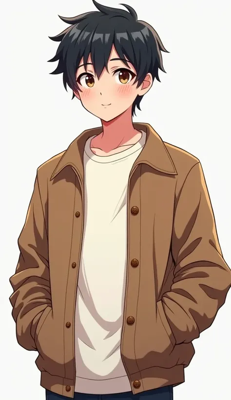 " A young man about 20 years old ,  wearing a brown casual jacket and a white sweatshirt, with messy dark hair . anime cartoon 