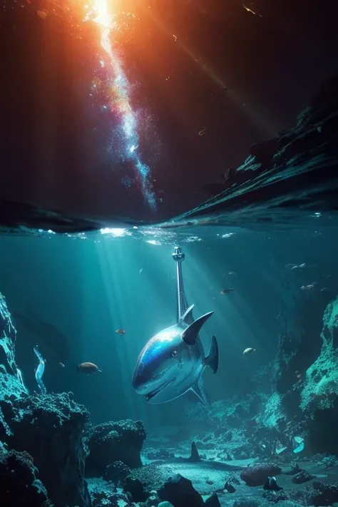 (((a CHROME ANCHOR stuck at the bottom of a DEEP Ocean floor))) shafts of sunlight filtering through the oceans surface, illuminating the hidden world beneath, create a captivating underwater scene. vertical panorama, Ultra Wide View. UHD, masterpiece, awa...