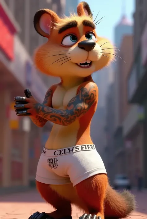 1 anthropomorphic beaver, standing face to the left side, looking over his shoulder, dressed like Justin Bieber in a Calvin Klein ad, topless upper torso covered in tattoos, wearing white “Calvin Swine” underwear briefs, short beachy blonde hair, scrawny s...