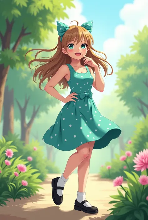 anime, female, young adult, light brown hair, athletic body type, sleeveless turquoise dress, polka dots, a-line skirt, knee-length skirt, turquoise hairband, black mary jane shoes, white socks, happy, long hair, beautiful, garden, subtle muscles in arms, ...