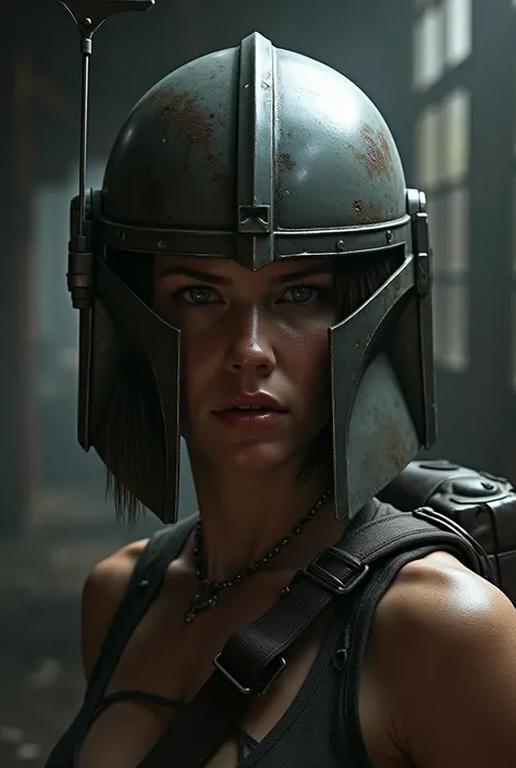 Create me an image of what Abby Anderson from the last of us would like as the mandolorian helmet off