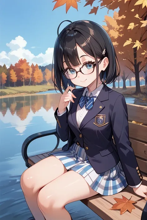 Black hair, glasses, blazer, checked skirt, autumn, lake, bench by the lake, girl taking a nap on the bench,