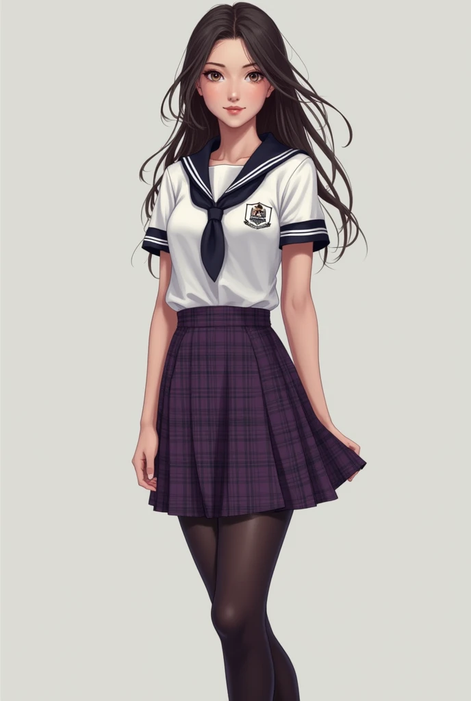  a realistic photo , full body of a beautiful young girl with sexy body ,  wearing a short sleeve white shirt with an embroidered school shield on the left side. Wear a black tie ,  a pencil-like skirt with a check pattern , color violet. Black tights and ...