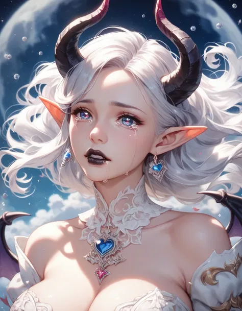 ((Highres)), ((Masterpiece)), (shinning moon background), a beautifully detailed succubus, ))white demon horns)), ((white demon tail)), long platinum hair, detailed eyes, white iris, tears in eyes falling to the ground, defined elf ears, defined nose, defi...