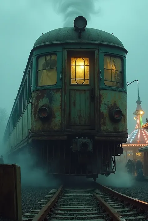 A ghost train at the fair that looks like a scary hotel