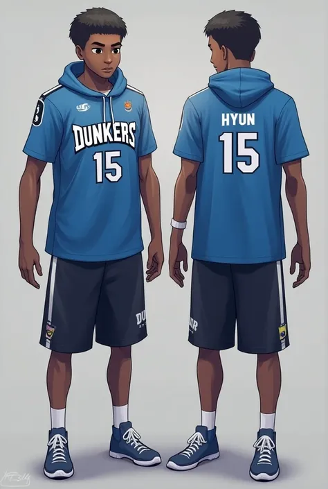  please make a picture of the front back basketball shooting shirt, nama klub nya sky dunkers,  his jersey number 15 front back ,  his back name Hyun . Model his hoodie , short sleeve