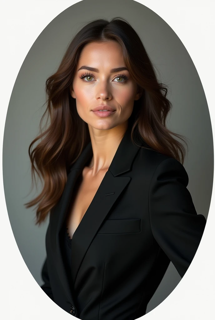 A circular photo of a woman of medium build in a black suit with brown hair, fair skin and faint pink undertones., 